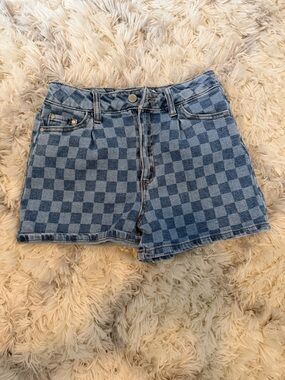 RSQ Checkerboard High-Rise Denim Shorts - Blue